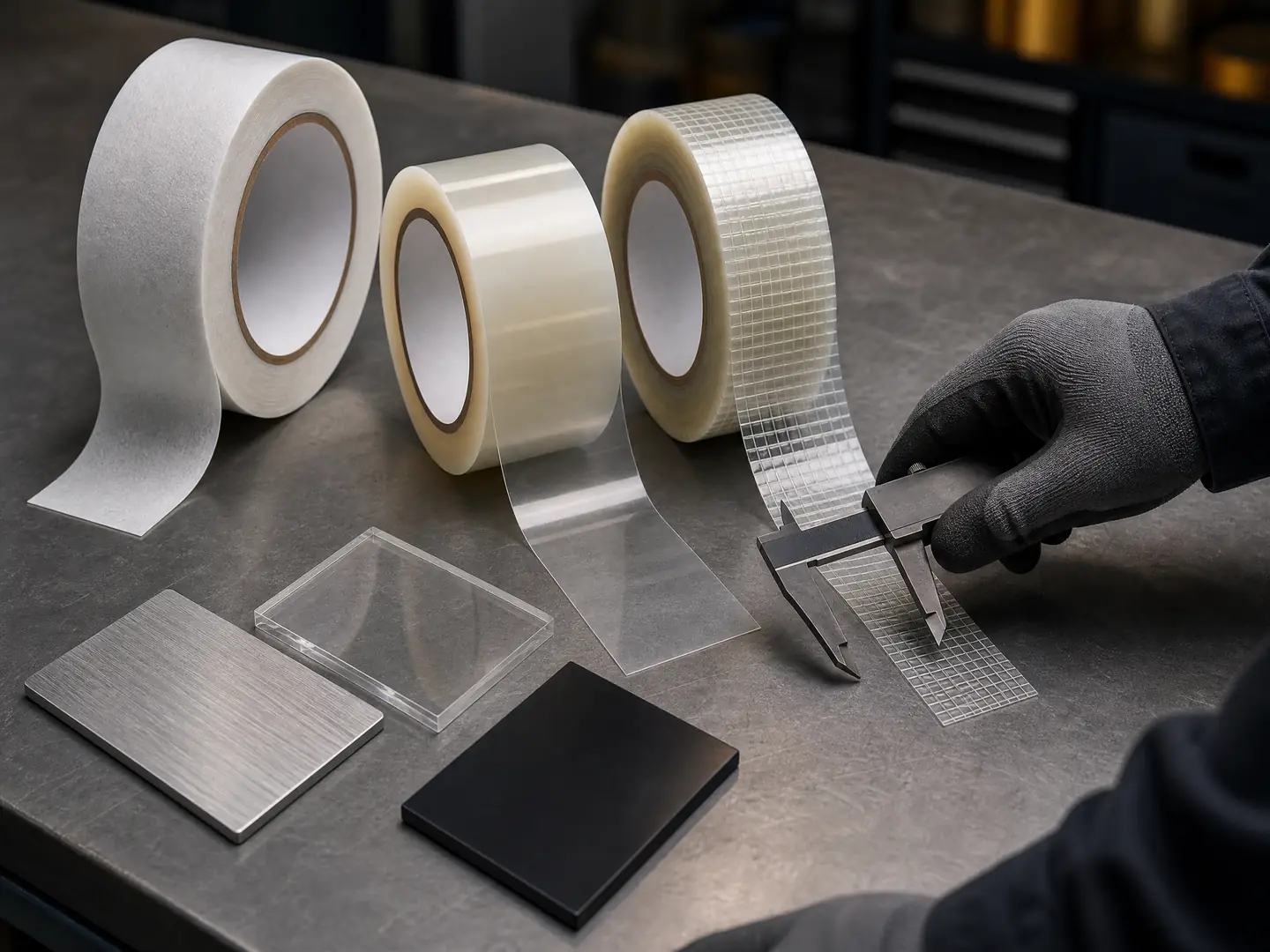 Engineering team evaluating industrial adhesive tape selection criteria for substrates