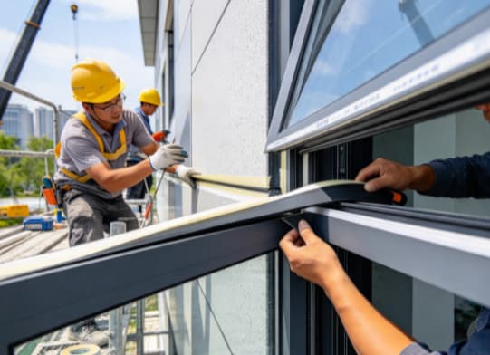 Technicians install construction foam tape around exterior window frames and facade joints under real weather exposure, outdoor